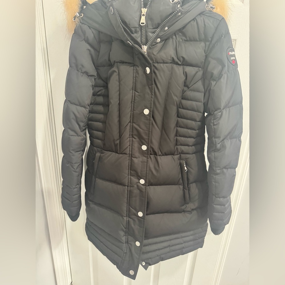 Pajar Canada Discovery Mix Quilted Puffer with Reflective Bib and Fur hood.